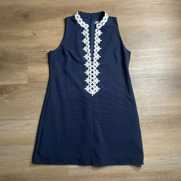 Lilly Pulitzer Callista Shift Dress XL true navy blue white mini high collar zip - Picture 5 of 13
